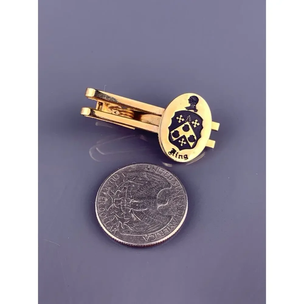 King Family Crest Cufflinks Tie Clip Gold Tone Knight Cross Escallop Vintage